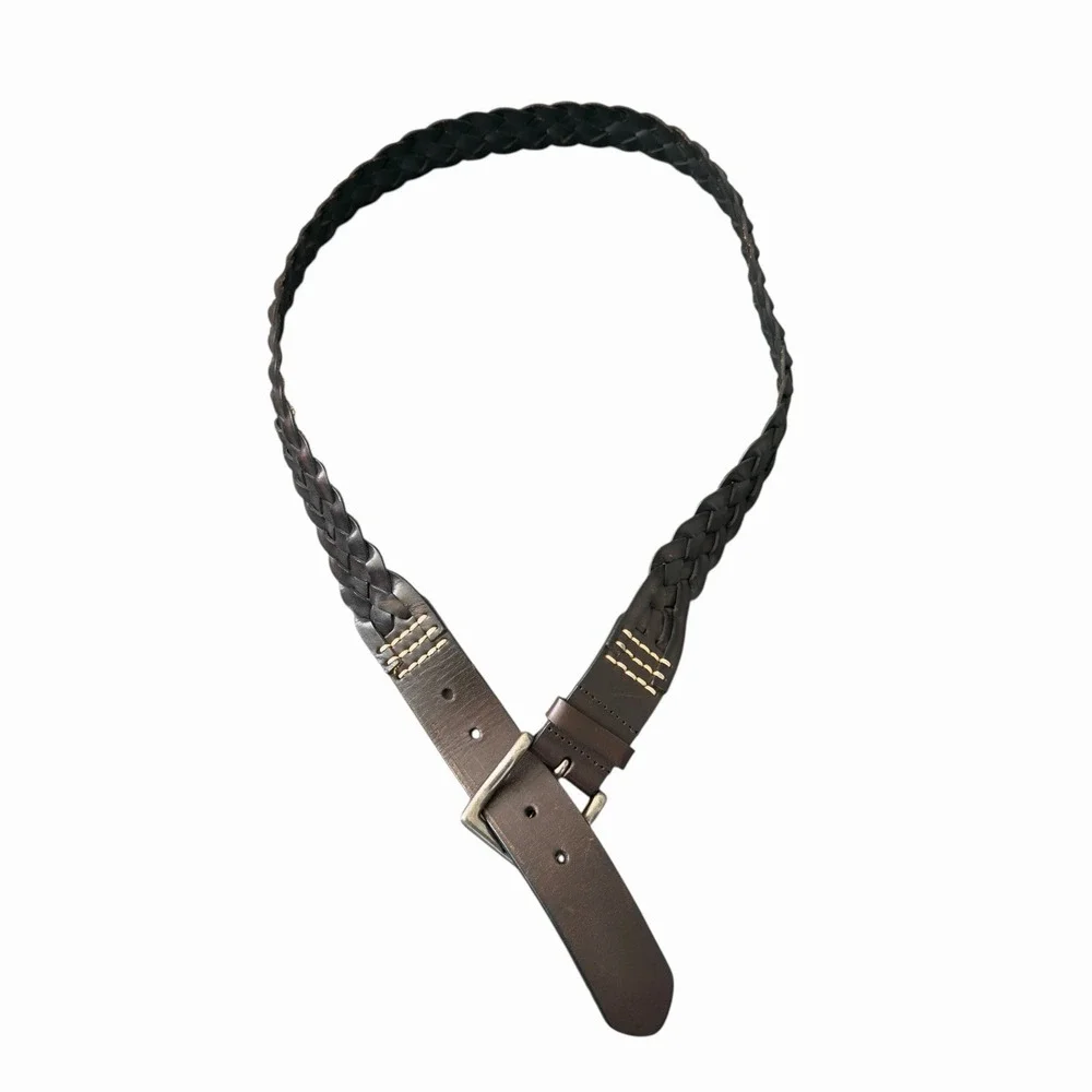 Men's Genuine‎ Leather Braided Belt Dark Brown Size 42 Vintage Style Buckle